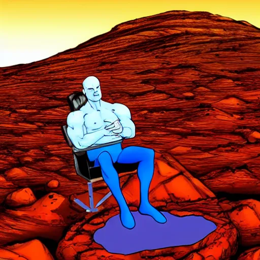 Prompt: dr. Manhattan sitting on Mars thinking, photorealistic