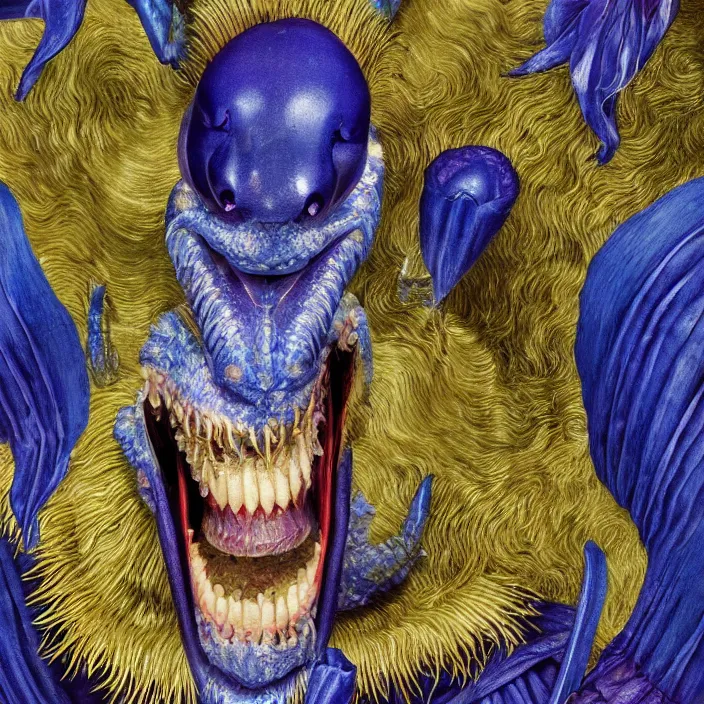 Prompt: close up portrait of a mutant monster creature with colorful exotic indigo iris eyes, crystal teeth, mantis composure. gold, vermillon. by jan van eyck, walton ford