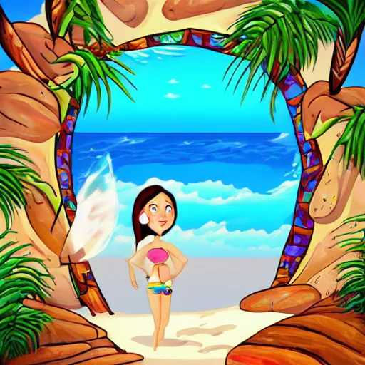 Prompt: a beautiful girl open a portal to the beach, cartoon style