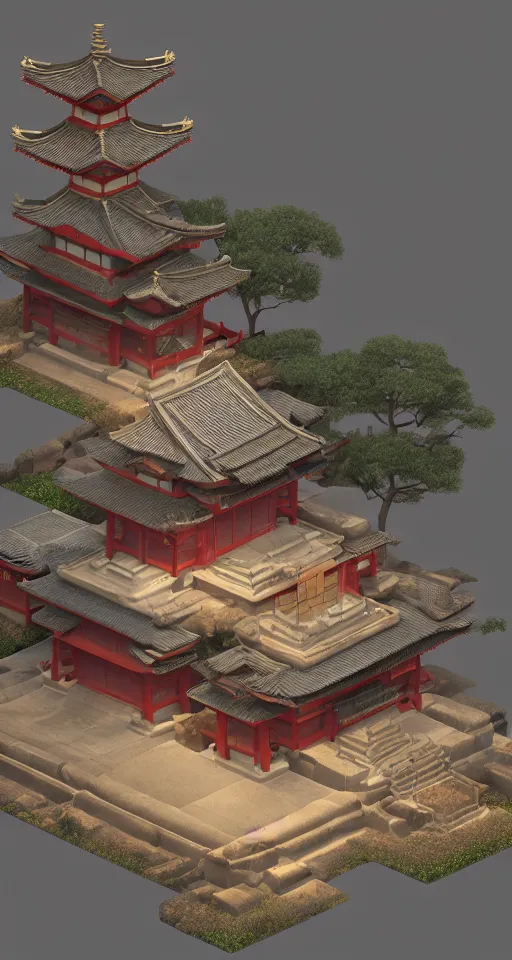 Image similar to isometric japanese temple with full blood-moon behind the top, trending on artstation, 3D render, unreal engine 5