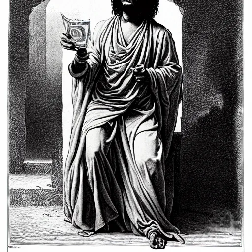 Image similar to fredo santana holding stacks of cash, biblical image, style of gustave dore, highly detailed, beautiful, high contrast, black and white