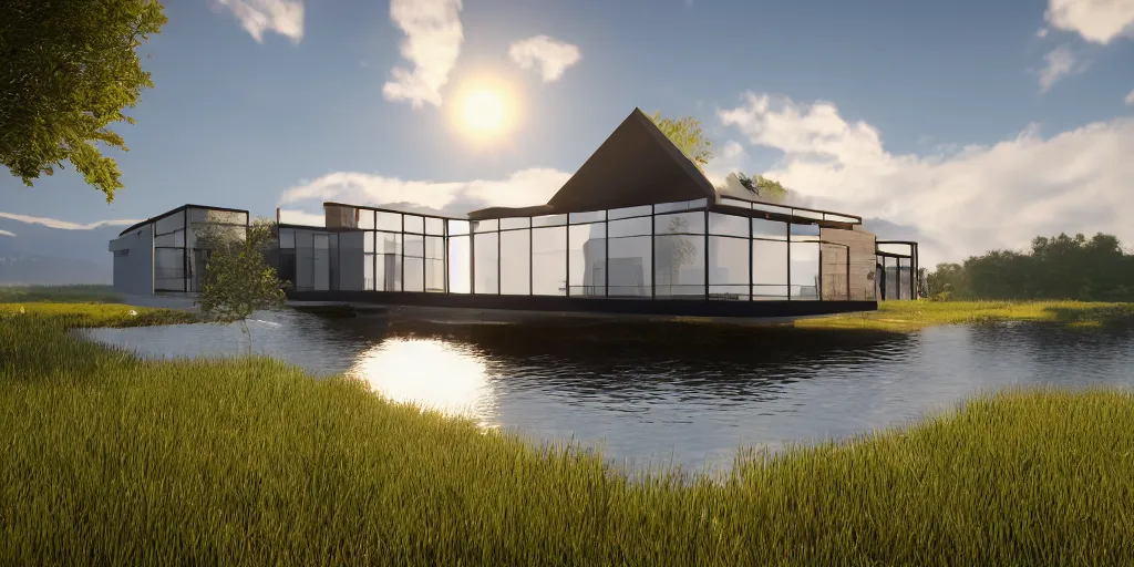 Image similar to modern house on a lake, reflections, sun, ultra realistic, epic lighting, unreal engine 5