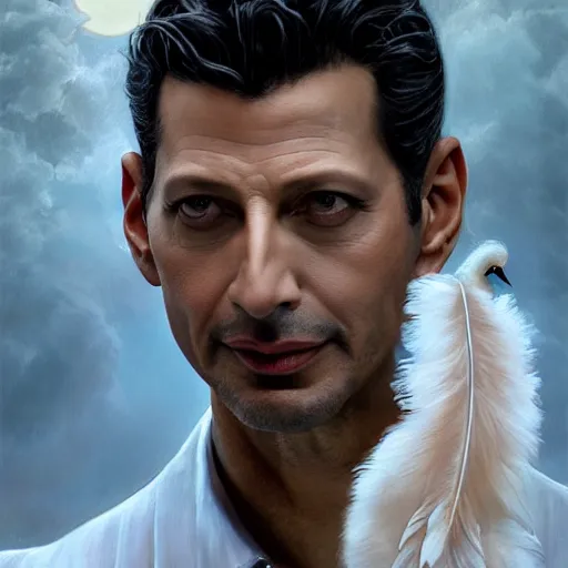 Image similar to hyperrealistic portrait of a man as jeff goldblum posing to noir moon in a white swan dress wearing sapphire jewellery with long feather collar by jeremy mann and alphonse mucha, fantasy art, photo realistic, dynamic lighting, artstation, poster, volumetric lighting, very detailed faces, 4 k, award winning