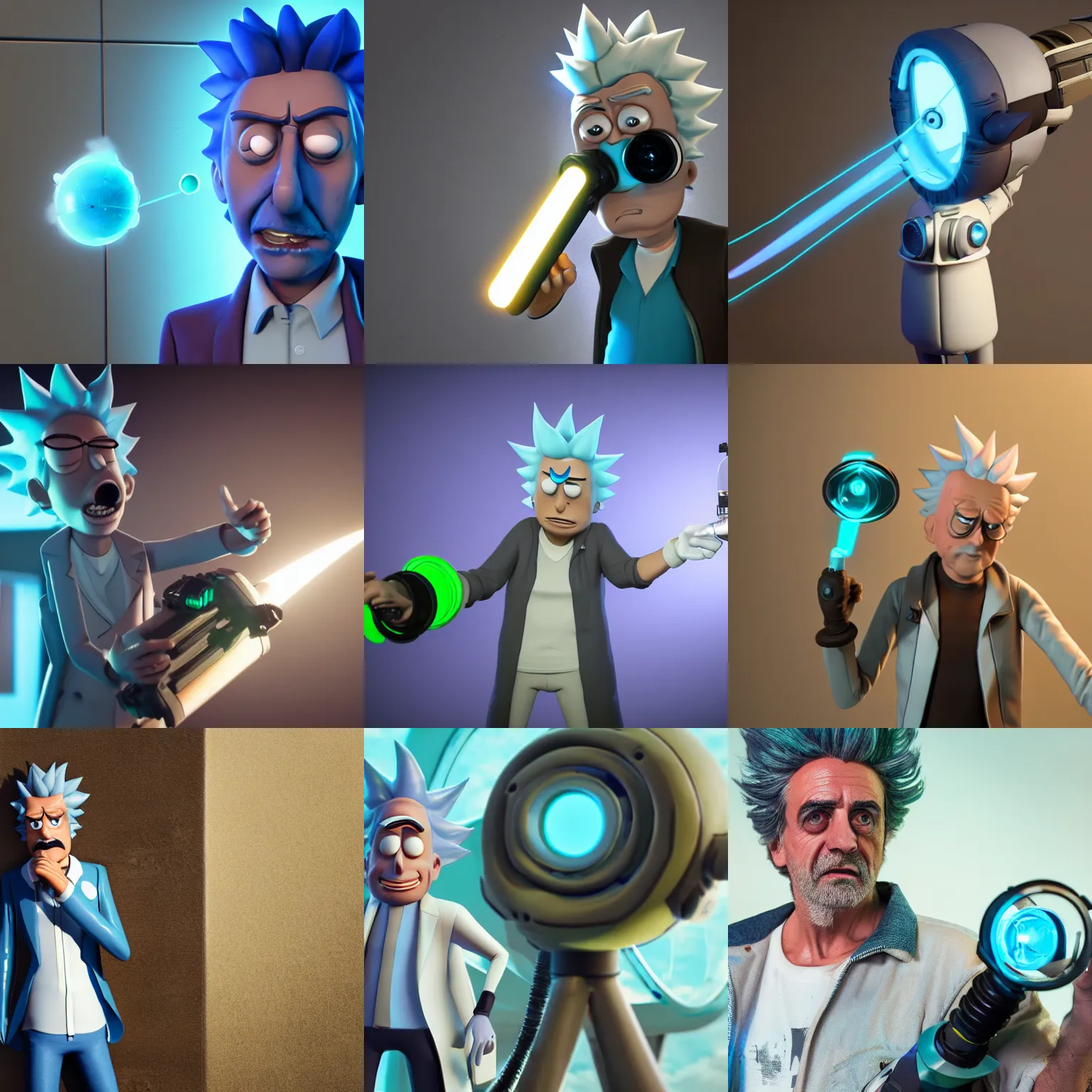 Prompt: rick sanchez from rick & morty posing with his portal gun, octane render realism, detail, 4 k pores, realistic