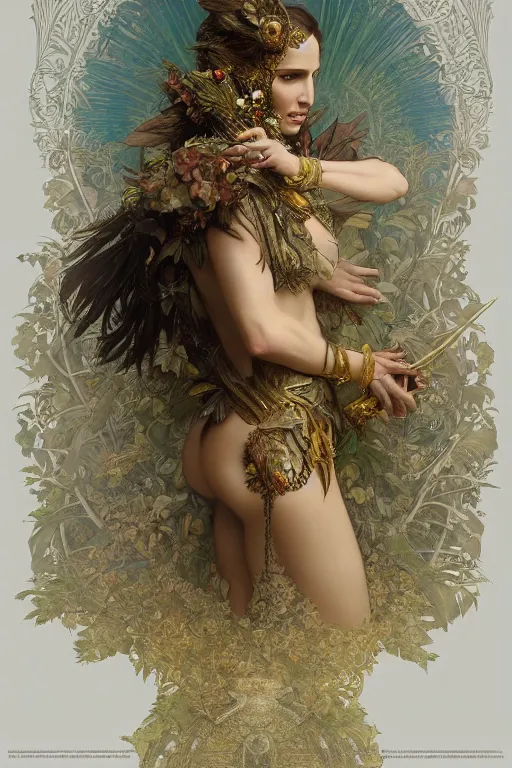 Image similar to natalie portman as queen of the jungle, running, full figure, painted by nekro, alphonse mucha, dark - fantasy, intricate detail, artstation, cgsociety, rococo, gold leaf art