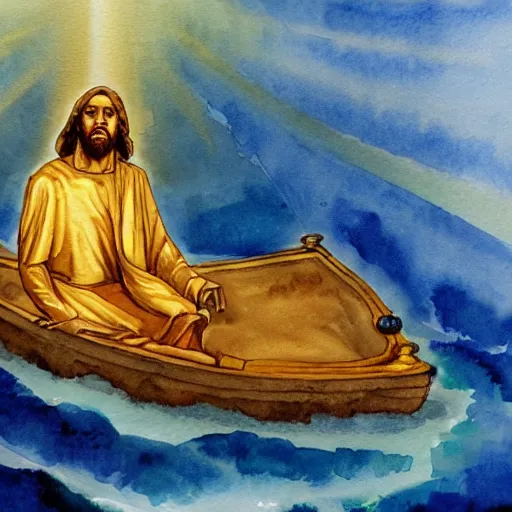 Image similar to a watercolor painting of a golden statue of jesus in the middle of an ocean with a beam illuminating it, detailed