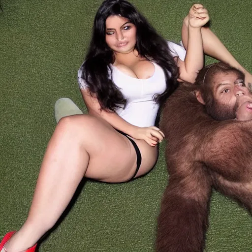 Image similar to photo of hot curvy spanish latina cuban college girl with black hair smoking weed with bigfoot