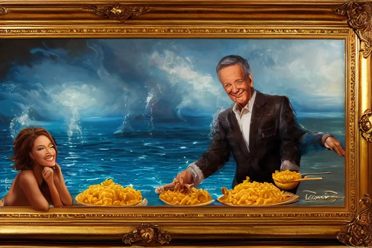 Image similar to portrait of bob barker swimming in a pool of mac and cheese, an oil painting by ross tran and thomas kincade