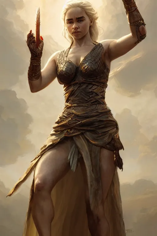 Image similar to Emilia Clarke as goddess of war, anatomy, only two hands, highly detailed, digital painting, artstation, concept art, smooth, sharp focus, illustration, Unreal Engine 5, 8K, art by art by artgerm and greg rutkowski and edgar maxence