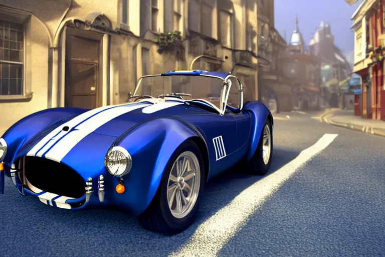 Prompt: a wholesome animation key shot of!! one!! focused!! ac cobra!!, shiny deep blue with white stripe, in a london street, at sunrise, medium wide shot, studio ghibli, pixar and disney animation, sharp, very detailed, high resolution, rendered in unreal engine 5, anime key art by greg rutkowski, bloom, atmospheric lighting