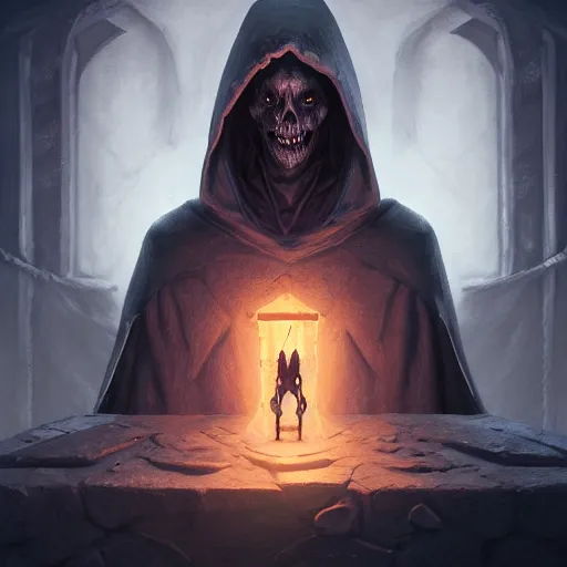 Image similar to necromancer sitting on a throne inside dungeon crypt, wearing a dark hood and completely blank mask, gray stone wall behind him by Stanley Artgerm Lau, WLOP, Rossdraws, James Jean, Andrei Riabovitchev, Marc Simonetti, and Sakimichan, Unreal Engine, 4k, trending on Artstation