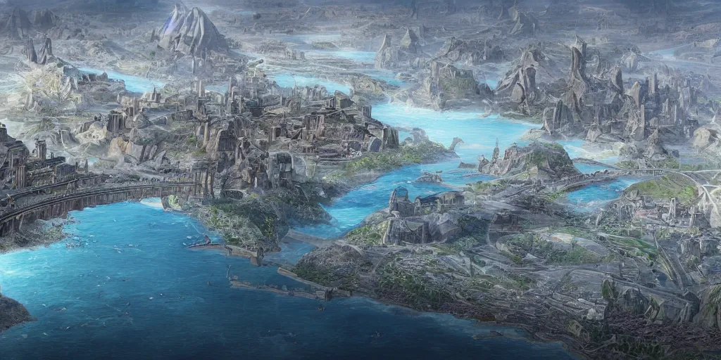 Image similar to illustration, concept illustration, a single giant ancient city on a single bridge, giant continent bridge build over the ocean in a straight line that developed into a grand city, fading into the distance