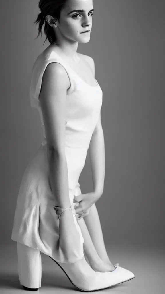 Prompt: an extremely beautiful studio photo of emma watson wearing heels and a dress, in a white room, pale skin, bokeh, very very very very beautiful!!, hard focus, full body shot, 9 0 mm, f / 1. 4