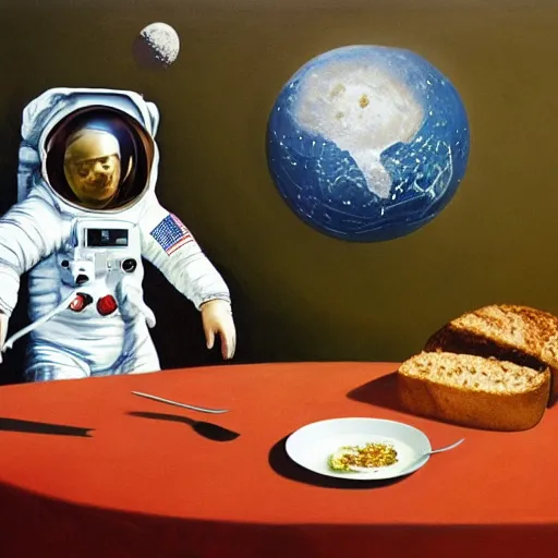 Prompt: An astronaut on the moon without his helmet eating garlic bread with knife and fork on top of a red table and earth in the background,oil painting