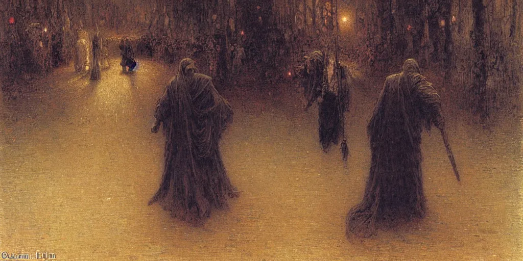 Image similar to a painting of the dark man at the crossroads by gustav moreau, jean delville and  Gaston Bussiere