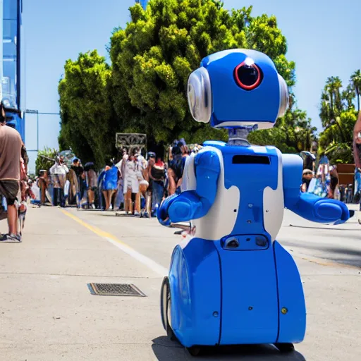 Prompt: LOS ANGELES, CA July 7 2025: Open Source Self-Aware Robot Convention, Cute Robot Wearing Blue Cape