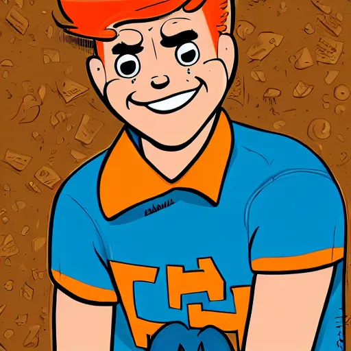 Prompt: dan decarlo art style, comic character, kind, friendly, orange hair, oval eyes, round face, freckles, thick eyebrows, archie andrews, smiling