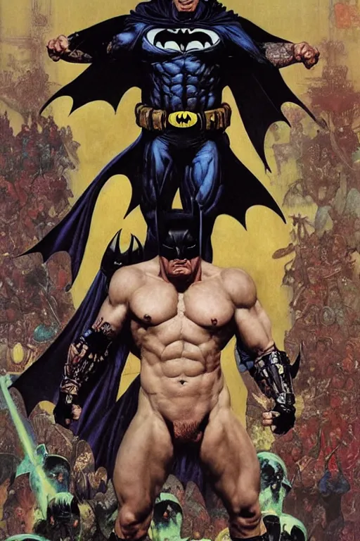 Prompt: full length portrait of hulking martyn ford as evil batman, by lawrence alma tadema and zdzislaw beksinski and norman rockwell and jack kirby and tom lovell and greg staples and michael alford