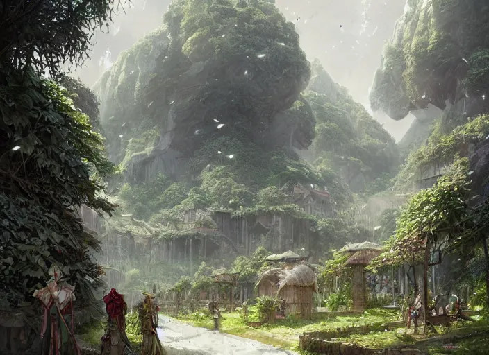 Image similar to Lush fruit farms outside a beautiful elven city made of white marble, anime, lush trees, a fantasy digital painting by Greg Rutkowski and James Gurney, trending on Artstation, highly detailed