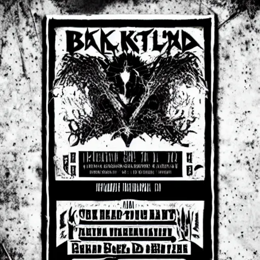 Prompt: black metal concert flyer, black metal logos, unreadable, 3 band lineup, local bar, d. i. y. venue