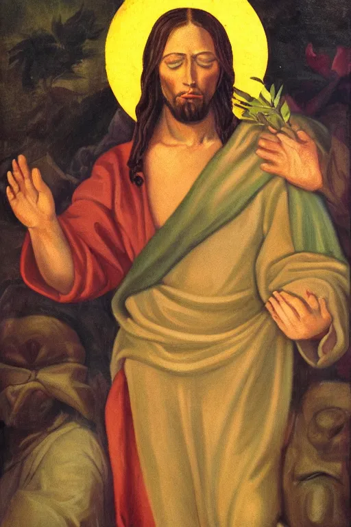 Image similar to painting of blindfolded jesus christ holding a cornucopia