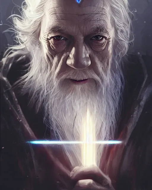 Image similar to gandalf with cybernetic enhancements, detailed face, scifi character portrait by greg rutkowski, esuthio, craig mullins, 1 / 4 headshot, cinematic lighting, dystopian scifi gear, gloomy, profile picture, mechanical, half robot, implants, steampunk