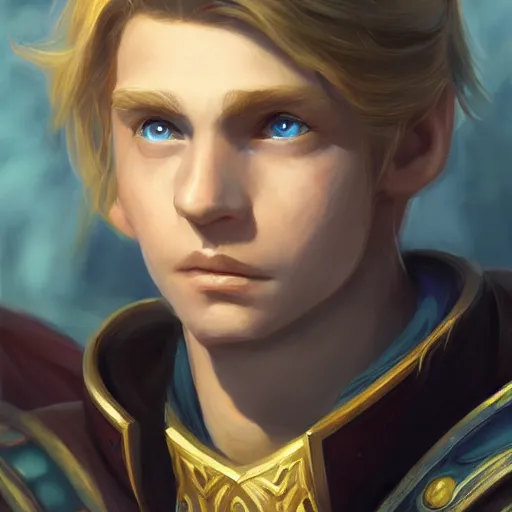 Image similar to young anduin wrynn by mandy jurgens, world of warcraft, cinematic shot, brush hard, artstation, cgsociety, high quality, brush stroke