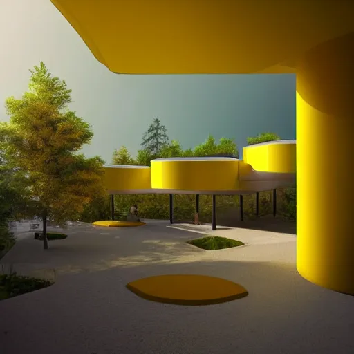 Image similar to futuristic flat roof yellow house with courtyard, on a hill surrounded by big trees, multiple moons, dramatic lighting, artstation, matte painting, raphael lacoste, simon stalenhag, frank lloyd wright, zaha hadid