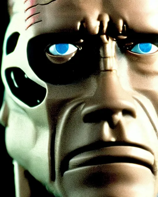 Image similar to arnold schwarzenegger as a damaged t - 1 0 0 terminator, one red robotic eye, photo