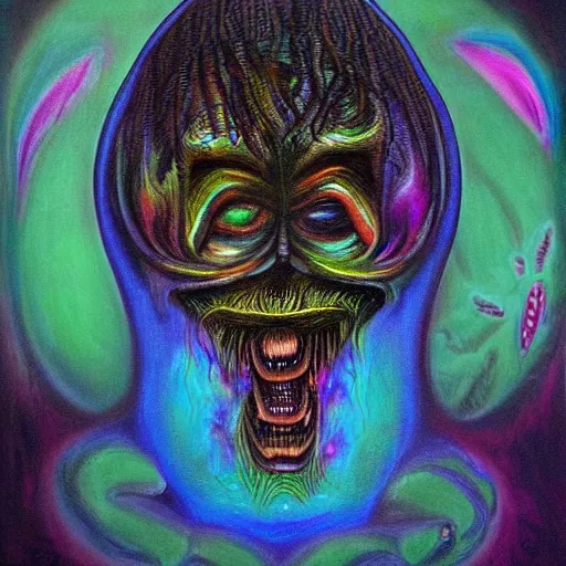 Prompt: a parasitic entity that steals energy from humans, airbrush art, shamanic horror lsd art, by basuki abdullah