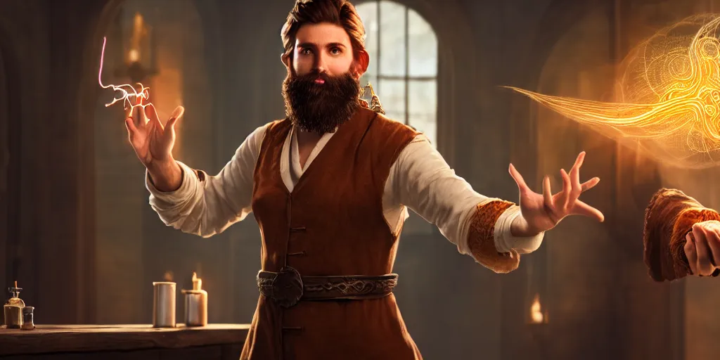 Prompt: a handsome bearded caucasian male sorcerer with brown hair, he is in a alchemist lab, casting a spell on a potion, action pose, digital art, photoreal, 4 k, unreal engine