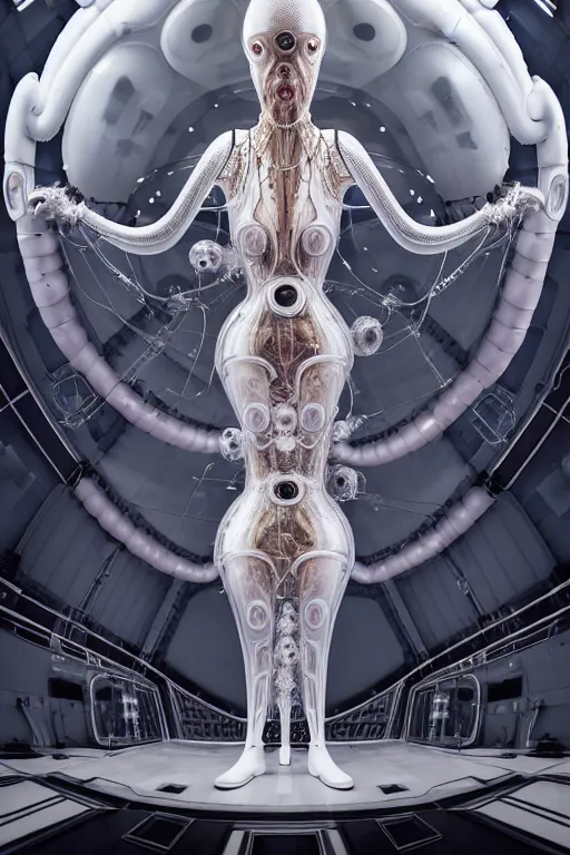 Prompt: background space station, baroque inflateble dress iris van herpen positing on floor, white helmet on face, perfect symmetrical, full body shot, inflateble shapes, wires, tubes, veins, jellyfish, white biomechanical details, wearing epic bionic implants, masterpiece, intricate, biopunk, vogue, highly detailed, artstation, concept art