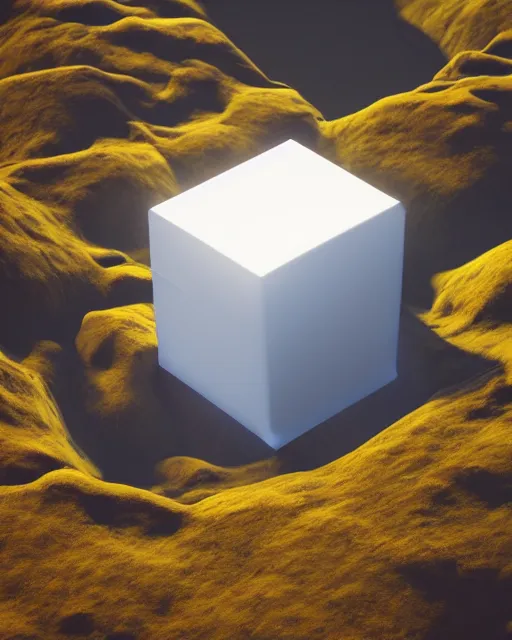 Prompt: a glowing cube in the middle of a mountain, a 3 d render by filip hodas, cgsociety, tesseract, octane render, rendered in cinema 4 d