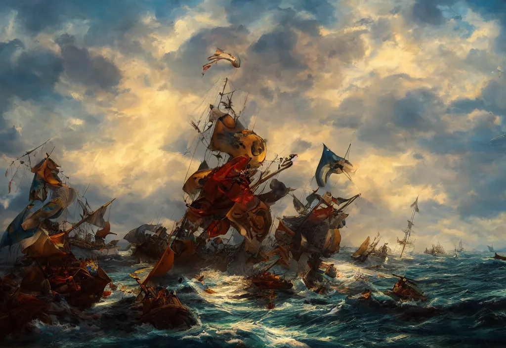 Prompt: an epic battle at the sea between pirate ships, dynamic poses, cinematic lighting, blue sky with beautiful clouds, warm and vibrant colors, highly detailed oil on canvas painting by Naiiade, winning-award digital art trending on Artstation