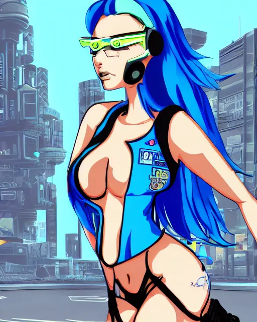 Image similar to cel shaded art of a pretty blue haired girl, jet grind radio graphics, cyberpunk city street background