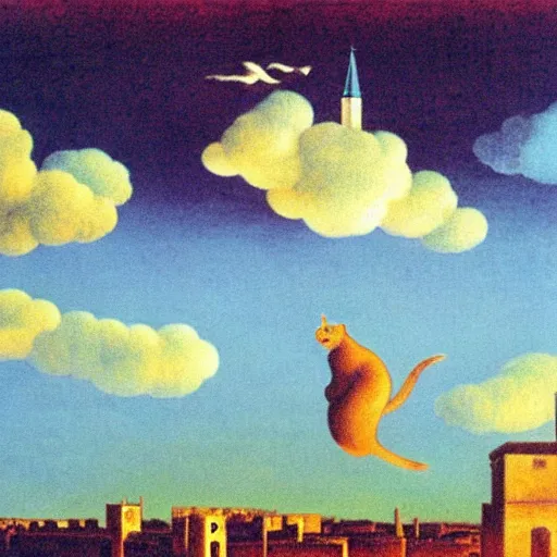 Prompt: a cat flying over jerusalem sky's, painted by magritte