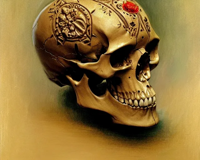 Image similar to a human skull with intricate carvings. highly detailed painting by gaston bussiere, craig mullins, j. c. leyendecker 8 k