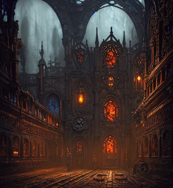 Image similar to steam necropolis, memento mori, gothic, neo - gothic, art nouveau, hyperdetailed copper patina medieval icon, stefan morrell, philippe druillet, ralph mcquarrie, concept art, steampunk, unreal engine, detailed intricate environment, octane render, moody atmospherics, volumetric lighting, ultrasharp, ominous, otherworldly