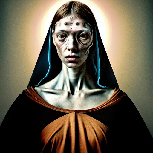 Prompt: Colour Caravaggio style Photography of Beautiful woman with highly detailed 1000 years old face wearing higly detailed sci-fi halo above head and Woman wearing hyperrealistic sci-fi dress ,designed by Josan Gonzalez. Many details . In style of Josan Gonzalez and Mike Winkelmann andgreg rutkowski and alphonse muchaand and Caspar David Friedrich and Stephen Hickman and James Gurney and Hiromasa Ogura. volumetric natural light