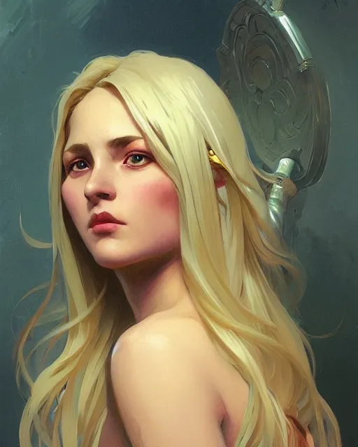 Image similar to '' Portrait of Beautiful blonde Slavic woman in her early 30’s, league of legends, LOL, fantasy, d&d, digital painting, artstation, concept art, sharp focus, illustration, art by greg rutkowski and alphonse mucha ''