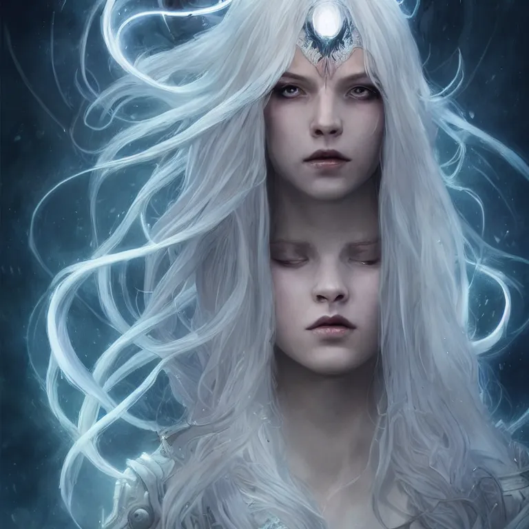 Prompt: beautiful cinematic fantasy poster, sci-fi, a beautiful female ghost with brilliant silver flowing hair and a brilliant jeweled silver helm, beautiful white glowing eyes, wideshot ultrawide angle epic scale, hybrid from The Elden Ring and art direction by Darius Zawadzki ;by artgerm; wayne reynolds art station; cinematic quality character render; low angle; ultra high quality model; production quality cinema model;