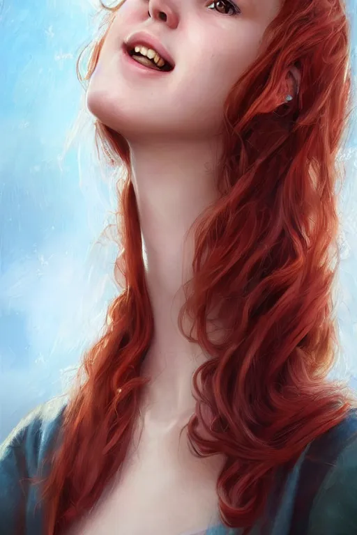 Image similar to ultra realistic style illustration of a beautiful cute red haired joyful and playful 1 9 year old girl, full portrait, long hair, sci - fi, fantasy, intricate, elegant, digital painting, artstation, concept art, smooth, sharp focus, 8 k frostbite 3 engine, ultra detailed, art by artgerm and greg rutkowski and magali villeneuve