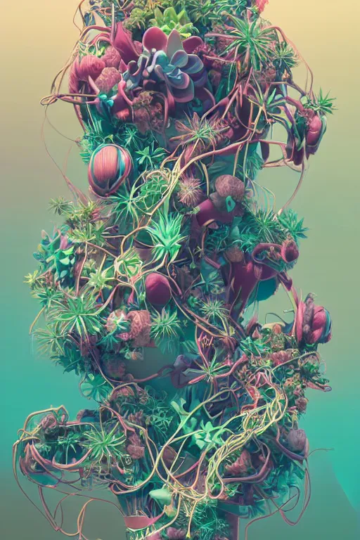 Prompt: epic 3 d abstract 🇵🇷 hacker, spinning hands and feet, 2 0 mm, plum and teal peanut butter melting smoothly into asymmetrical succulents and zz plants, liquid cooled, palms, thick looping wires, beautiful, intricate, houdini sidefx, trending on artstation, by jeremy mann, ilya kuvshinov, jamie hewlett and ayami kojima