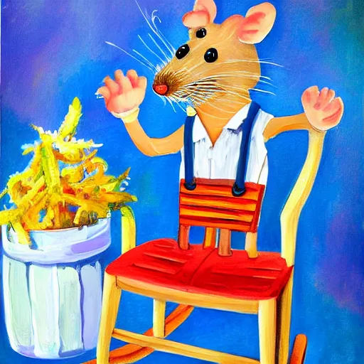 Image similar to a painting of grandpa rat wearing overalls on a rocking chair, telling stories, cute and wonderful vivid painting