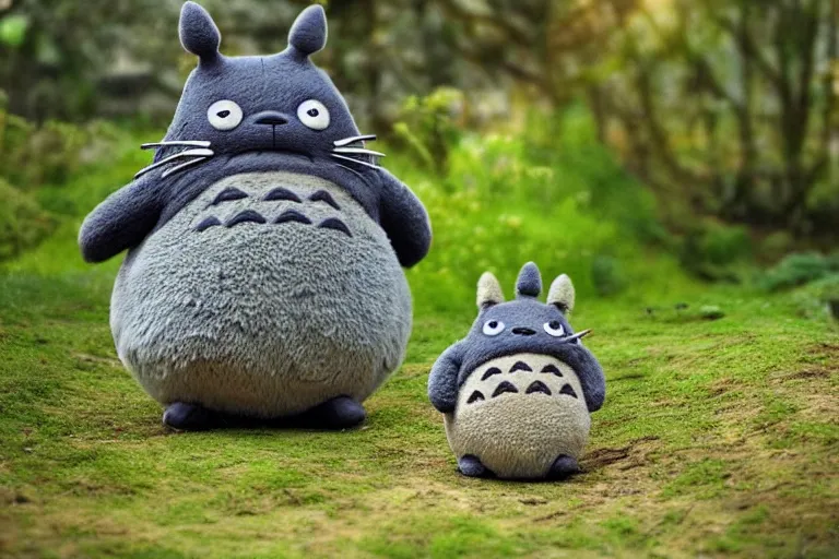 Prompt: real life totoro, cute!!!, happy!!!, chunky!!!, content!!!, mischievous!!!, adorable!!!, fluffy!!!, ultra realistic!!!, golden hour, frog perspective, sharp focus