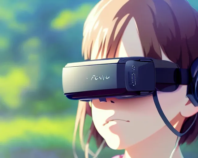 Image similar to anime fine details portrait of joyful girl in vr headset in school, bokeh. anime masterpiece by Studio Ghibli. 8k render, sharp high quality anime illustration in style of Ghibli, artstation