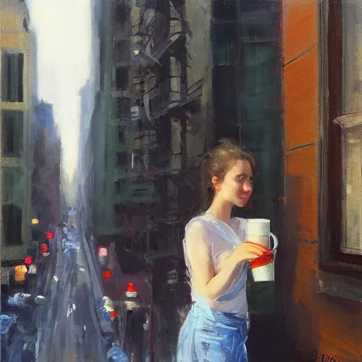 Prompt: “ back view of a girl holding a cup of coffee leaning out of a window overlooking the east village in new york city, morning light, by daniel gerhartz ”