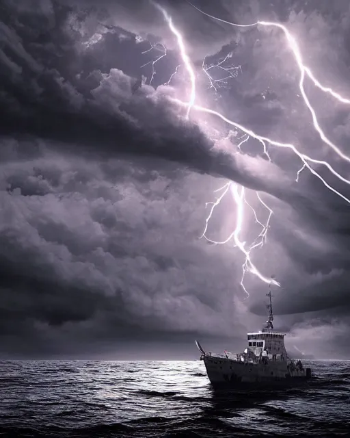 Image similar to a fishing boat on stormy seas, a gigantic star destroyer spaceship flying overhead, the gigantic star destroyer spaceship is emerging from storm clouds, sunset lighting, stormy weather, dramatic lighting, lightning, unreal engine, hyper realism, realistic shading, cinematic composition, realistic render, octane render, detailed textures, photorealistic, ultrawide shot, 1 6 mm lens