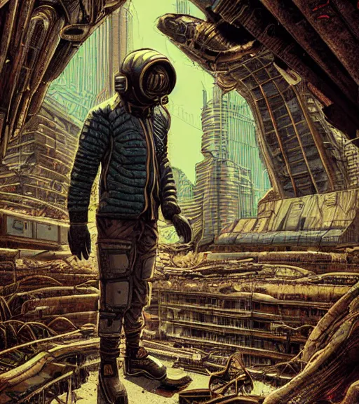 Image similar to a cyberpunk mole man explores alien ruins, techwear, Industrial Scifi, detailed illustration, character portrait, by Martin Grip and Moebius