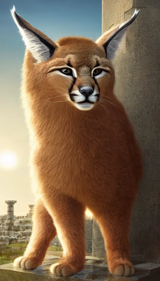 Prompt: fullbody photo of cute fluffy caracal as alexander the great, ancient greek city, sun behind him, sunny day, by ilya kuvshinov, rtx rendering, octane render 1 2 8 k, maya, extreme high intricate details by tom bagshaw, medium shot, close up shot, composition by sana takeda, lighting by greg rutkowski